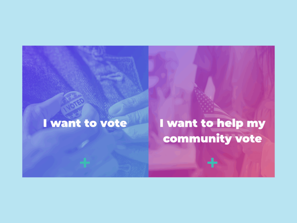 Screenshot of the two main sections of the National Voter Education Week site: "I want to vote" vs. "I want to help my community vote."