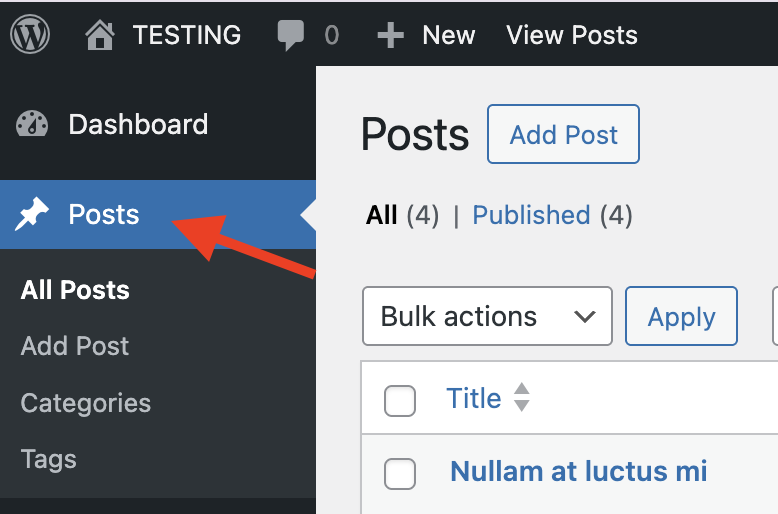 Arrow pointing at Posts in WordPress dashboard navigation