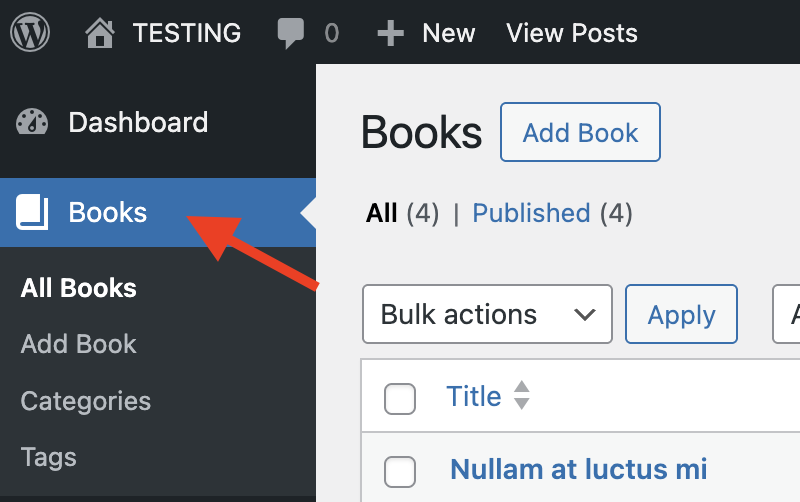 Arrow pointing at Books in WordPress dashboard navigation