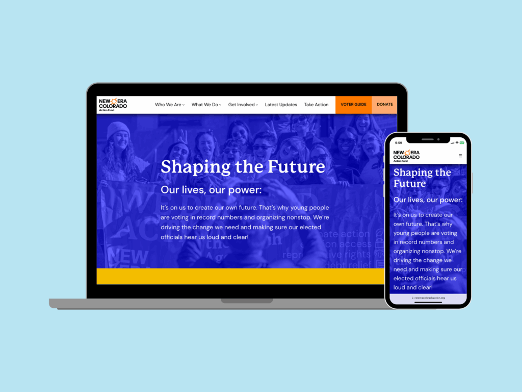 Images of the New Era Colorado Action Fund homepage displayed on a laptop and cell phone screen.