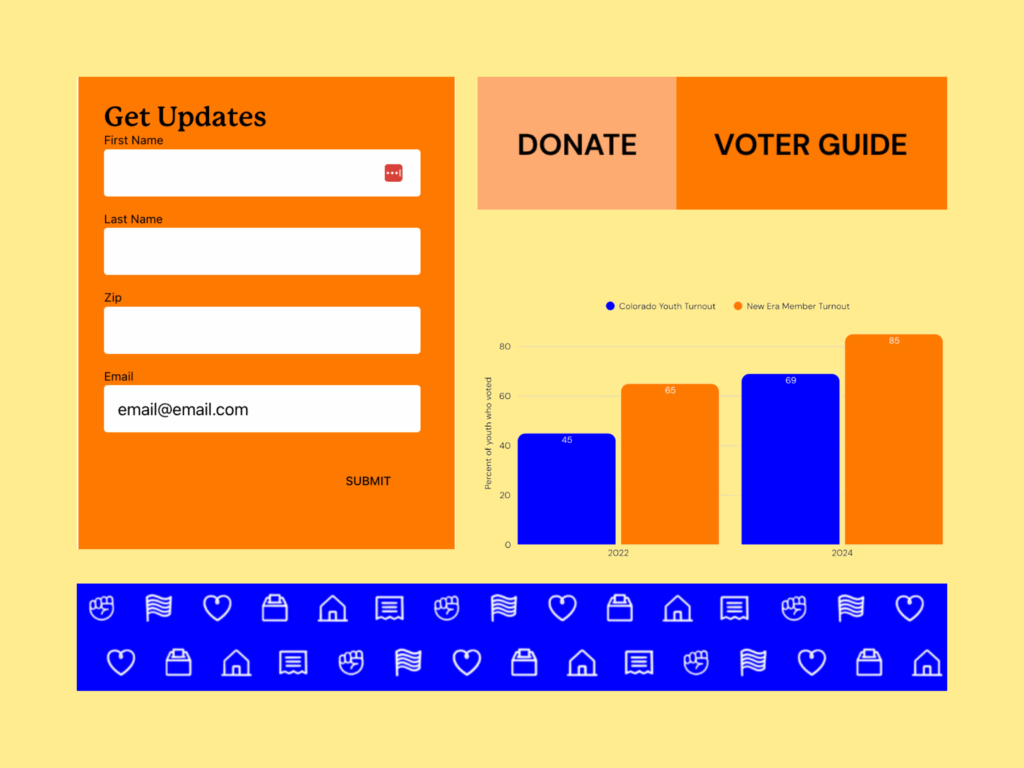 Screenshots of elements on the New Era Colorado Action Fund that are blue, orange, ande peach.