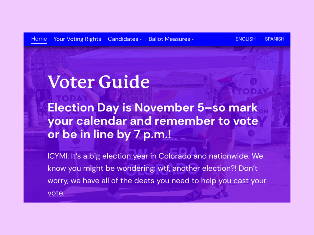 The landing page of the New Era Colorado Action Fund 2024 voter guide.