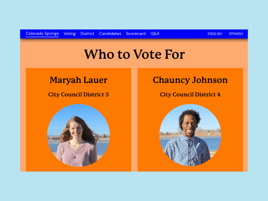 Screenshot from the 2025 New Era Colorado Action Fund voter guide, which is focused on just one city's races.