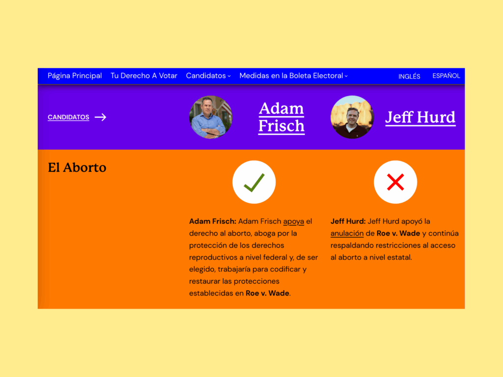 Screenshot of a 2024 New Era Colorado Action Fund candidate scorecard in spanish.