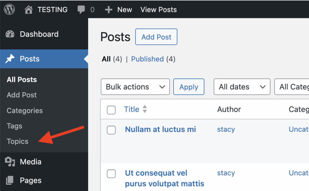 The custom taxonomy "topics" added to the native WordPress post type "posts."