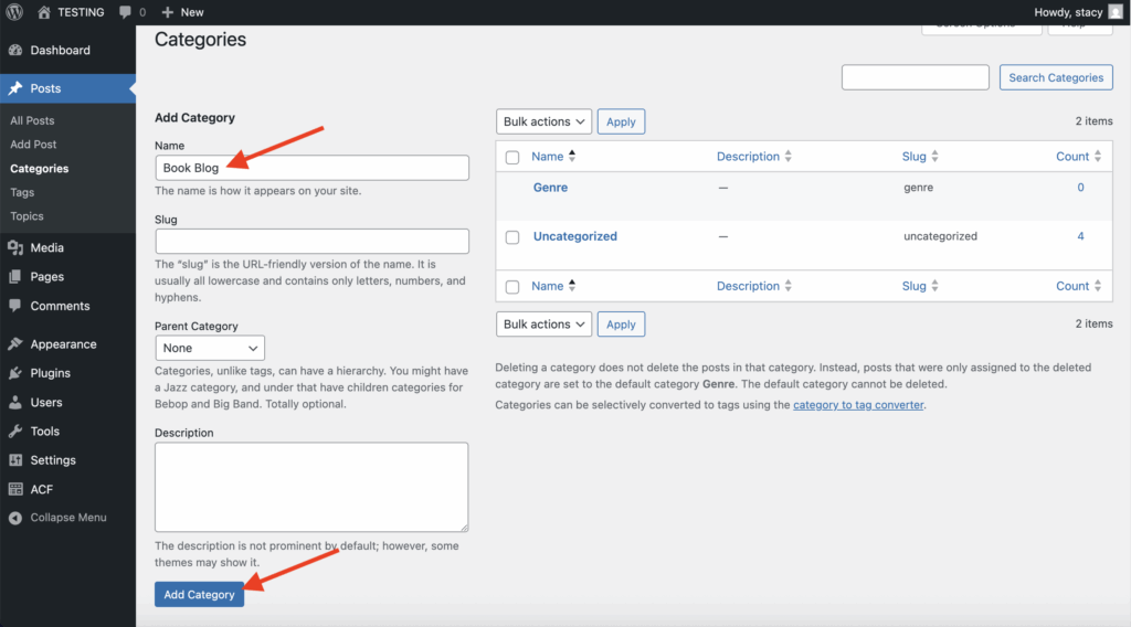 Wordpress admin view of posts 'Categories', red arrow pointing to Name field and 'Add Category' button