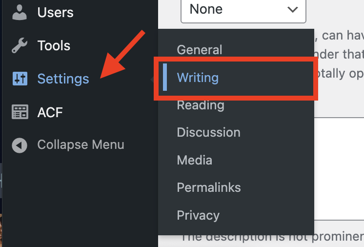 Wordpress admin view of left panel, red arrowing pointing to 'Settings', red box around 'Writing' 
