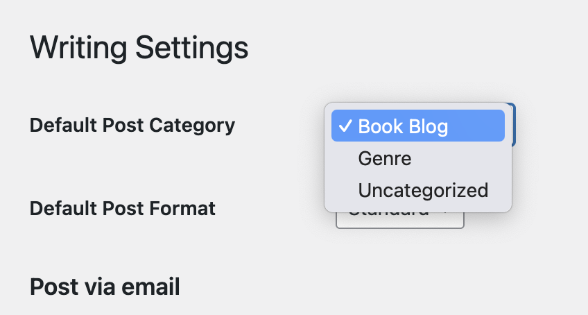 Wordpress admin view of Settings> Writing, drop down view of Default Post Category, selecting Book Blog.