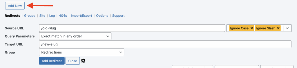 Redirection plugin admin view, red arrow pointing to 'Add New' button